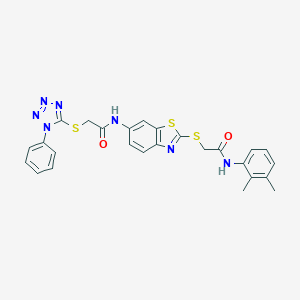 molecular formula C26H23N7O2S3 B301924 N-(2-{[2-(2,3-dimethylanilino)-2-oxoethyl]sulfanyl}-1,3-benzothiazol-6-yl)-2-[(1-phenyl-1H-tetraazol-5-yl)sulfanyl]acetamide 