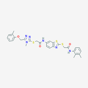 molecular formula C30H30N6O3S3 B301926 N-(2-{[2-(2,3-dimethylanilino)-2-oxoethyl]sulfanyl}-1,3-benzothiazol-6-yl)-2-({4-methyl-5-[(2-methylphenoxy)methyl]-4H-1,2,4-triazol-3-yl}sulfanyl)acetamide 