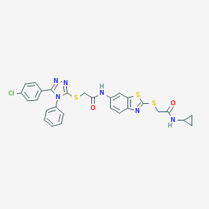 molecular formula C28H23ClN6O2S3 B301927 2-{[5-(4-chlorophenyl)-4-phenyl-4H-1,2,4-triazol-3-yl]sulfanyl}-N-(2-{[2-(cyclopropylamino)-2-oxoethyl]sulfanyl}-1,3-benzothiazol-6-yl)acetamide 