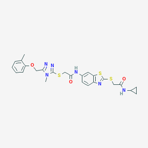 molecular formula C25H26N6O3S3 B301928 N-(2-{[2-(cyclopropylamino)-2-oxoethyl]sulfanyl}-1,3-benzothiazol-6-yl)-2-({4-methyl-5-[(2-methylphenoxy)methyl]-4H-1,2,4-triazol-3-yl}sulfanyl)acetamide 