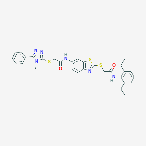 molecular formula C30H30N6O2S3 B301929 N-(2-{[2-(2,6-diethylanilino)-2-oxoethyl]sulfanyl}-1,3-benzothiazol-6-yl)-2-[(4-methyl-5-phenyl-4H-1,2,4-triazol-3-yl)sulfanyl]acetamide 