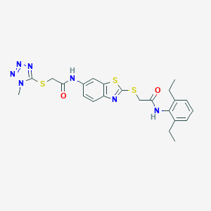 molecular formula C23H25N7O2S3 B301930 N-(2-{[2-(2,6-diethylanilino)-2-oxoethyl]sulfanyl}-1,3-benzothiazol-6-yl)-2-[(1-methyl-1H-tetraazol-5-yl)sulfanyl]acetamide 