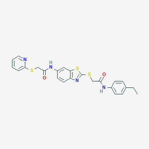 molecular formula C24H22N4O2S3 B301931 N-(2-{[2-(4-ethylanilino)-2-oxoethyl]sulfanyl}-1,3-benzothiazol-6-yl)-2-(2-pyridinylsulfanyl)acetamide 