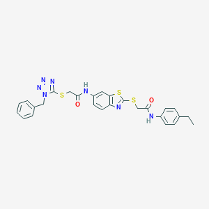 molecular formula C27H25N7O2S3 B301932 2-[(1-benzyl-1H-tetrazol-5-yl)sulfanyl]-N-[2-({2-[(4-ethylphenyl)amino]-2-oxoethyl}sulfanyl)-1,3-benzothiazol-6-yl]acetamide 