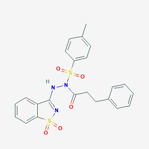 molecular formula C23H21N3O5S2 B301933 N'-(1,1-dioxido-1,2-benzisothiazol-3-yl)-4-methyl-N-(3-phenylpropanoyl)benzenesulfonohydrazide 