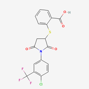 molecular formula C18H11ClF3NO4S B3019354 2-((1-(4-Chloro-3-(trifluoromethyl)phenyl)-2,5-dioxopyrrolidin-3-yl)thio)benzoic acid CAS No. 367908-34-7