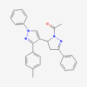 molecular formula C27H24N4O B3019362 1-[3-[3-(4-Methylphenyl)-1-phenylpyrazol-4-yl]-5-phenyl-3,4-dihydropyrazol-2-yl]ethanone CAS No. 397277-99-5