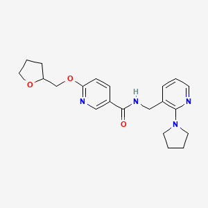 molecular formula C21H26N4O3 B3019441 N-((2-(pyrrolidin-1-yl)pyridin-3-yl)methyl)-6-((tetrahydrofuran-2-yl)methoxy)nicotinamide CAS No. 2034313-30-7