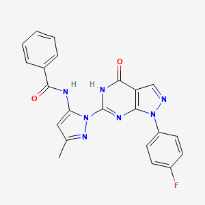 molecular formula C22H16FN7O2 B3019459 N-(1-(1-(4-fluorophenyl)-4-oxo-4,5-dihydro-1H-pyrazolo[3,4-d]pyrimidin-6-yl)-3-methyl-1H-pyrazol-5-yl)benzamide CAS No. 1020488-05-4