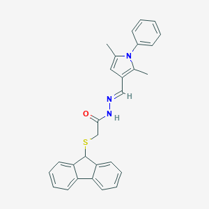 molecular formula C28H25N3OS B301948 N'-[(2,5-dimethyl-1-phenyl-1H-pyrrol-3-yl)methylene]-2-(9H-fluoren-9-ylsulfanyl)acetohydrazide 