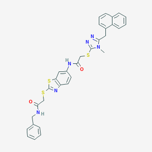 molecular formula C32H28N6O2S3 B301950 N-(2-{[2-(benzylamino)-2-oxoethyl]sulfanyl}-1,3-benzothiazol-6-yl)-2-{[4-methyl-5-(1-naphthylmethyl)-4H-1,2,4-triazol-3-yl]sulfanyl}acetamide 