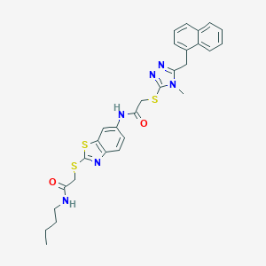 molecular formula C29H30N6O2S3 B301951 N-(2-{[2-(butylamino)-2-oxoethyl]sulfanyl}-1,3-benzothiazol-6-yl)-2-{[4-methyl-5-(1-naphthylmethyl)-4H-1,2,4-triazol-3-yl]sulfanyl}acetamide 