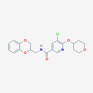 molecular formula C20H21ClN2O5 B3019517 5-chloro-N-((2,3-dihydrobenzo[b][1,4]dioxin-2-yl)methyl)-6-((tetrahydro-2H-pyran-4-yl)oxy)nicotinamide CAS No. 1903408-25-2