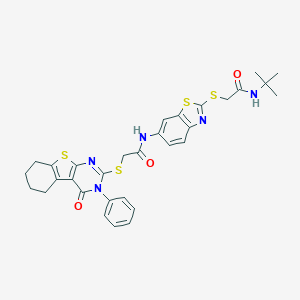 molecular formula C31H31N5O3S4 B301952 N-(2-{[2-(tert-butylamino)-2-oxoethyl]sulfanyl}-1,3-benzothiazol-6-yl)-2-[(4-oxo-3-phenyl-3,4,5,6,7,8-hexahydro[1]benzothieno[2,3-d]pyrimidin-2-yl)sulfanyl]acetamide 