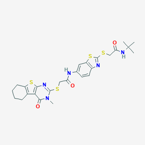 molecular formula C26H29N5O3S4 B301953 N-(2-{[2-(tert-butylamino)-2-oxoethyl]sulfanyl}-1,3-benzothiazol-6-yl)-2-[(3-methyl-4-oxo-3,4,5,6,7,8-hexahydro[1]benzothieno[2,3-d]pyrimidin-2-yl)sulfanyl]acetamide 