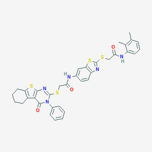 molecular formula C35H31N5O3S4 B301954 N-(2-{[2-(2,3-dimethylanilino)-2-oxoethyl]sulfanyl}-1,3-benzothiazol-6-yl)-2-[(4-oxo-3-phenyl-3,4,5,6,7,8-hexahydro[1]benzothieno[2,3-d]pyrimidin-2-yl)sulfanyl]acetamide 