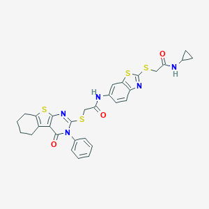 molecular formula C30H27N5O3S4 B301955 N-(2-{[2-(cyclopropylamino)-2-oxoethyl]sulfanyl}-1,3-benzothiazol-6-yl)-2-[(4-oxo-3-phenyl-3,4,5,6,7,8-hexahydro[1]benzothieno[2,3-d]pyrimidin-2-yl)sulfanyl]acetamide 