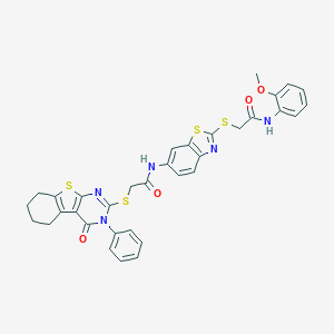 molecular formula C34H29N5O4S4 B301956 N-(2-{[2-(2-methoxyanilino)-2-oxoethyl]sulfanyl}-1,3-benzothiazol-6-yl)-2-[(4-oxo-3-phenyl-3,4,5,6,7,8-hexahydro[1]benzothieno[2,3-d]pyrimidin-2-yl)sulfanyl]acetamide 