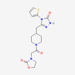 molecular formula C17H21N5O4S B3019639 3-(2-oxo-2-(4-((5-oxo-4-(thiophen-2-yl)-4,5-dihydro-1H-1,2,4-triazol-3-yl)methyl)piperidin-1-yl)ethyl)oxazolidin-2-one CAS No. 2034474-91-2
