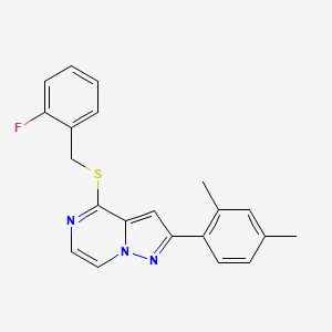 molecular formula C21H18FN3S B3019699 2-(2,4-Dimethylphenyl)-4-[(2-fluorobenzyl)thio]pyrazolo[1,5-a]pyrazine CAS No. 1207045-06-4