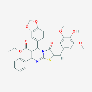 molecular formula C31H26N2O8S B301991 ethyl 5-(1,3-benzodioxol-5-yl)-2-(4-hydroxy-3,5-dimethoxybenzylidene)-3-oxo-7-phenyl-2,3-dihydro-5H-[1,3]thiazolo[3,2-a]pyrimidine-6-carboxylate 