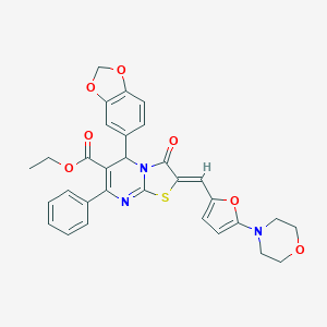 molecular formula C31H27N3O7S B301992 ethyl 5-(1,3-benzodioxol-5-yl)-2-{[5-(4-morpholinyl)-2-furyl]methylene}-3-oxo-7-phenyl-2,3-dihydro-5H-[1,3]thiazolo[3,2-a]pyrimidine-6-carboxylate 
