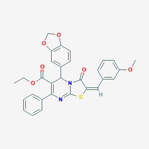 molecular formula C30H24N2O6S B301993 ethyl 5-(1,3-benzodioxol-5-yl)-2-(3-methoxybenzylidene)-3-oxo-7-phenyl-2,3-dihydro-5H-[1,3]thiazolo[3,2-a]pyrimidine-6-carboxylate 
