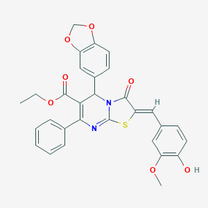 molecular formula C30H24N2O7S B301994 ethyl 5-(1,3-benzodioxol-5-yl)-2-(4-hydroxy-3-methoxybenzylidene)-3-oxo-7-phenyl-2,3-dihydro-5H-[1,3]thiazolo[3,2-a]pyrimidine-6-carboxylate 
