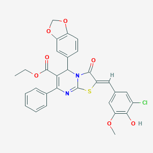 molecular formula C30H23ClN2O7S B301995 ethyl 5-(1,3-benzodioxol-5-yl)-2-(3-chloro-4-hydroxy-5-methoxybenzylidene)-3-oxo-7-phenyl-2,3-dihydro-5H-[1,3]thiazolo[3,2-a]pyrimidine-6-carboxylate 