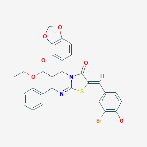 molecular formula C30H23BrN2O6S B301996 ethyl 5-(1,3-benzodioxol-5-yl)-2-(3-bromo-4-methoxybenzylidene)-3-oxo-7-phenyl-2,3-dihydro-5H-[1,3]thiazolo[3,2-a]pyrimidine-6-carboxylate 