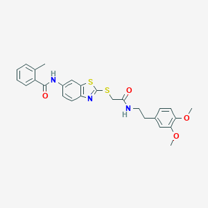 molecular formula C27H27N3O4S2 B301998 N-{2-[(2-{[2-(3,4-dimethoxyphenyl)ethyl]amino}-2-oxoethyl)sulfanyl]-1,3-benzothiazol-6-yl}-2-methylbenzamide 