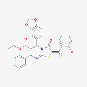 molecular formula C30H24N2O6S B301999 ethyl 5-(1,3-benzodioxol-5-yl)-2-(2-methoxybenzylidene)-3-oxo-7-phenyl-2,3-dihydro-5H-[1,3]thiazolo[3,2-a]pyrimidine-6-carboxylate 