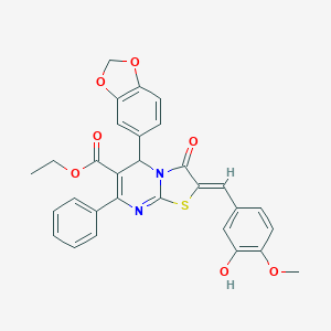 molecular formula C30H24N2O7S B302000 ethyl 5-(1,3-benzodioxol-5-yl)-2-(3-hydroxy-4-methoxybenzylidene)-3-oxo-7-phenyl-2,3-dihydro-5H-[1,3]thiazolo[3,2-a]pyrimidine-6-carboxylate 