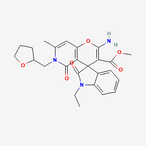 molecular formula C25H27N3O6 B3020001 Methyl 2'-amino-1-ethyl-7'-methyl-2,5'-dioxo-6'-((tetrahydrofuran-2-yl)methyl)-5',6'-dihydrospiro[indoline-3,4'-pyrano[3,2-c]pyridine]-3'-carboxylate CAS No. 873571-57-4