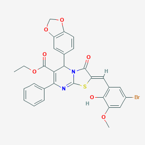 molecular formula C30H23BrN2O7S B302001 ethyl 5-(1,3-benzodioxol-5-yl)-2-(5-bromo-2-hydroxy-3-methoxybenzylidene)-3-oxo-7-phenyl-2,3-dihydro-5H-[1,3]thiazolo[3,2-a]pyrimidine-6-carboxylate 