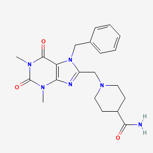 molecular formula C21H26N6O3 B3020016 1-((7-benzyl-1,3-dimethyl-2,6-dioxo-2,3,6,7-tetrahydro-1H-purin-8-yl)methyl)piperidine-4-carboxamide CAS No. 887218-84-0