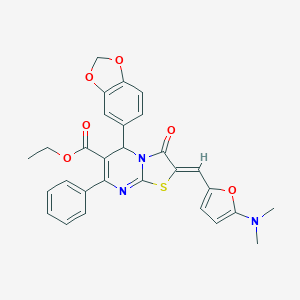 molecular formula C29H25N3O6S B302002 ethyl 5-(1,3-benzodioxol-5-yl)-2-{[5-(dimethylamino)-2-furyl]methylene}-3-oxo-7-phenyl-2,3-dihydro-5H-[1,3]thiazolo[3,2-a]pyrimidine-6-carboxylate 