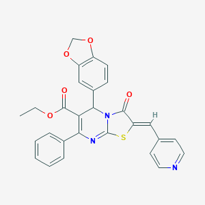 molecular formula C28H21N3O5S B302003 ethyl 5-(1,3-benzodioxol-5-yl)-3-oxo-7-phenyl-2-(4-pyridinylmethylene)-2,3-dihydro-5H-[1,3]thiazolo[3,2-a]pyrimidine-6-carboxylate 