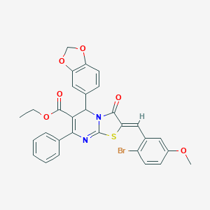 molecular formula C30H23BrN2O6S B302004 ethyl 5-(1,3-benzodioxol-5-yl)-2-(2-bromo-5-methoxybenzylidene)-3-oxo-7-phenyl-2,3-dihydro-5H-[1,3]thiazolo[3,2-a]pyrimidine-6-carboxylate 