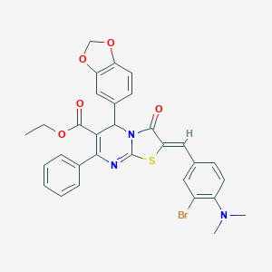 molecular formula C31H26BrN3O5S B302007 ethyl 5-(1,3-benzodioxol-5-yl)-2-[3-bromo-4-(dimethylamino)benzylidene]-3-oxo-7-phenyl-2,3-dihydro-5H-[1,3]thiazolo[3,2-a]pyrimidine-6-carboxylate 