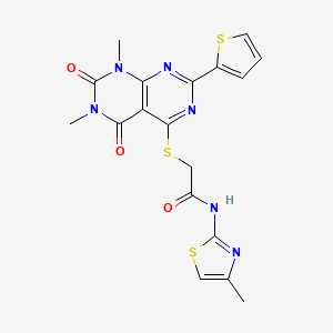 molecular formula C18H16N6O3S3 B3020070 2-((6,8-dimethyl-5,7-dioxo-2-(thiophen-2-yl)-5,6,7,8-tetrahydropyrimido[4,5-d]pyrimidin-4-yl)thio)-N-(4-methylthiazol-2-yl)acetamide CAS No. 847192-04-5