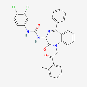 molecular formula C31H24Cl2N4O3 B3020088 N-(2,5-diaza-2-(2-(2-methylphenyl)-2-oxoethyl)-3-oxo-6-phenylbicyclo[5.4.0]undeca-1(7),5,8,10-tetraen-4-yl)((3,4-dichlorophenyl)amino)formamide CAS No. 1796929-40-2