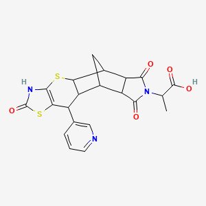 molecular formula C21H19N3O5S2 B3020098 2-((4aR,5R,5aR,8aR,9S)-2,6,8-trioxo-10-(pyridin-3-yl)-2,3,4a,5,5a,6,8a,9,9a,10-decahydro-5,9-methanothiazolo[5',4':5,6]thiopyrano[2,3-f]isoindol-7(8H)-yl)propanoic acid CAS No. 1025087-15-3