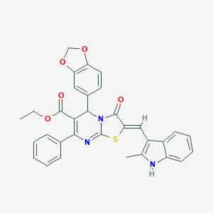 molecular formula C32H25N3O5S B302010 ethyl 5-(1,3-benzodioxol-5-yl)-2-[(2-methyl-1H-indol-3-yl)methylene]-3-oxo-7-phenyl-2,3-dihydro-5H-[1,3]thiazolo[3,2-a]pyrimidine-6-carboxylate 