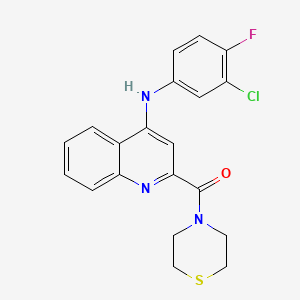 molecular formula C20H17ClFN3OS B3020109 (4-((3-Chloro-4-fluorophenyl)amino)quinolin-2-yl)(thiomorpholino)methanone CAS No. 1226435-43-3