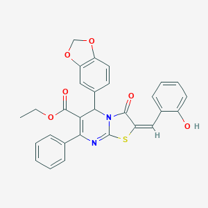 molecular formula C29H22N2O6S B302011 ethyl 5-(1,3-benzodioxol-5-yl)-2-(2-hydroxybenzylidene)-3-oxo-7-phenyl-2,3-dihydro-5H-[1,3]thiazolo[3,2-a]pyrimidine-6-carboxylate 