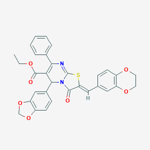 molecular formula C31H24N2O7S B302014 ethyl (2Z)-5-(1,3-benzodioxol-5-yl)-2-(2,3-dihydro-1,4-benzodioxin-6-ylmethylidene)-3-oxo-7-phenyl-2,3-dihydro-5H-[1,3]thiazolo[3,2-a]pyrimidine-6-carboxylate 