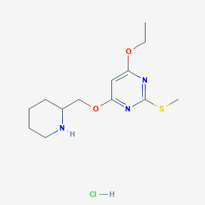 molecular formula C13H22ClN3O2S B3020172 4-Ethoxy-2-(methylthio)-6-(piperidin-2-ylmethoxy)pyrimidine hydrochloride CAS No. 1353980-63-8