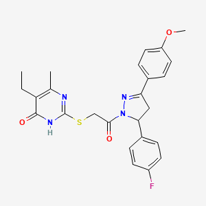 molecular formula C25H25FN4O3S B3020195 5-ethyl-2-((2-(5-(4-fluorophenyl)-3-(4-methoxyphenyl)-4,5-dihydro-1H-pyrazol-1-yl)-2-oxoethyl)thio)-6-methylpyrimidin-4(3H)-one CAS No. 922581-81-5