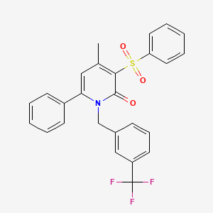 molecular formula C26H20F3NO3S B3020219 3-(Benzenesulfonyl)-4-methyl-6-phenyl-1-[[3-(trifluoromethyl)phenyl]methyl]pyridin-2-one CAS No. 321431-33-8